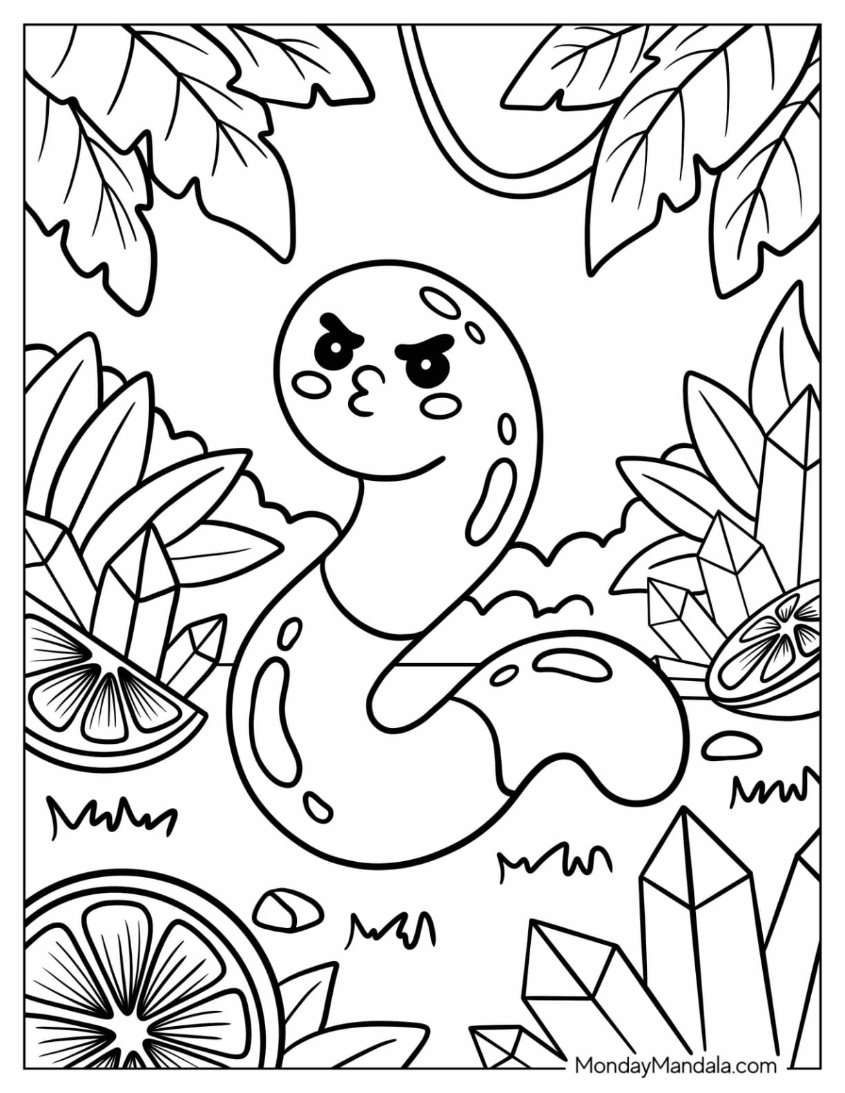 Candy Coloring Page of Sassy Gummy Worm in Candy Garden for Kids