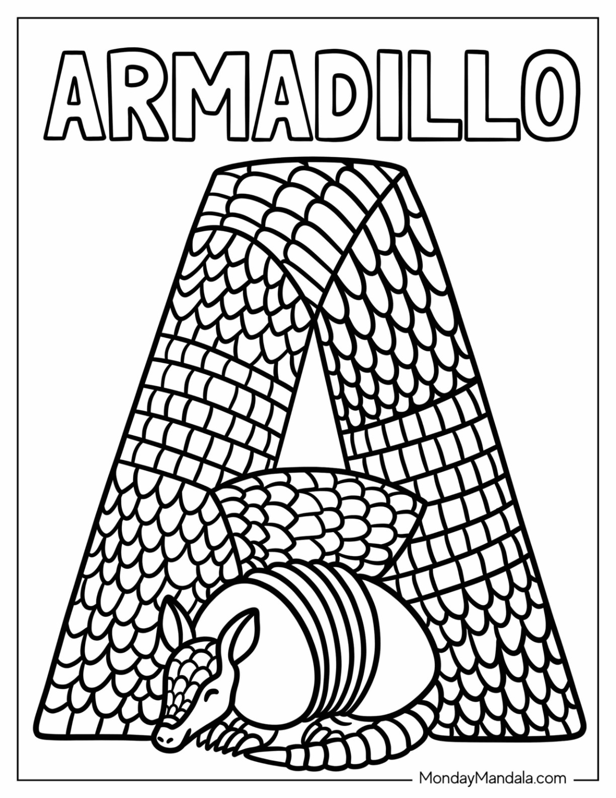 Scaly Letter A Coloring Page is for Armadillo