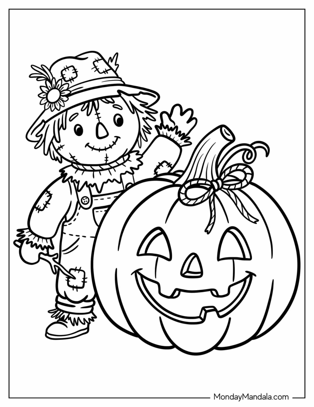 Scarecrow Standing Beside a Large Jack O’ Lantern Coloring Page for Kids