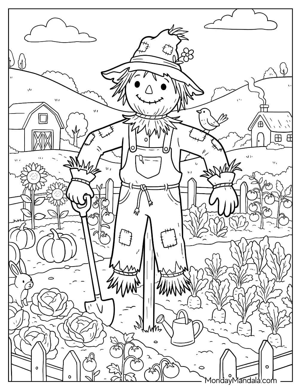 Scarecrow Standing in a Vegetable Garden with Sunflowers and Pumpkins Coloring Page