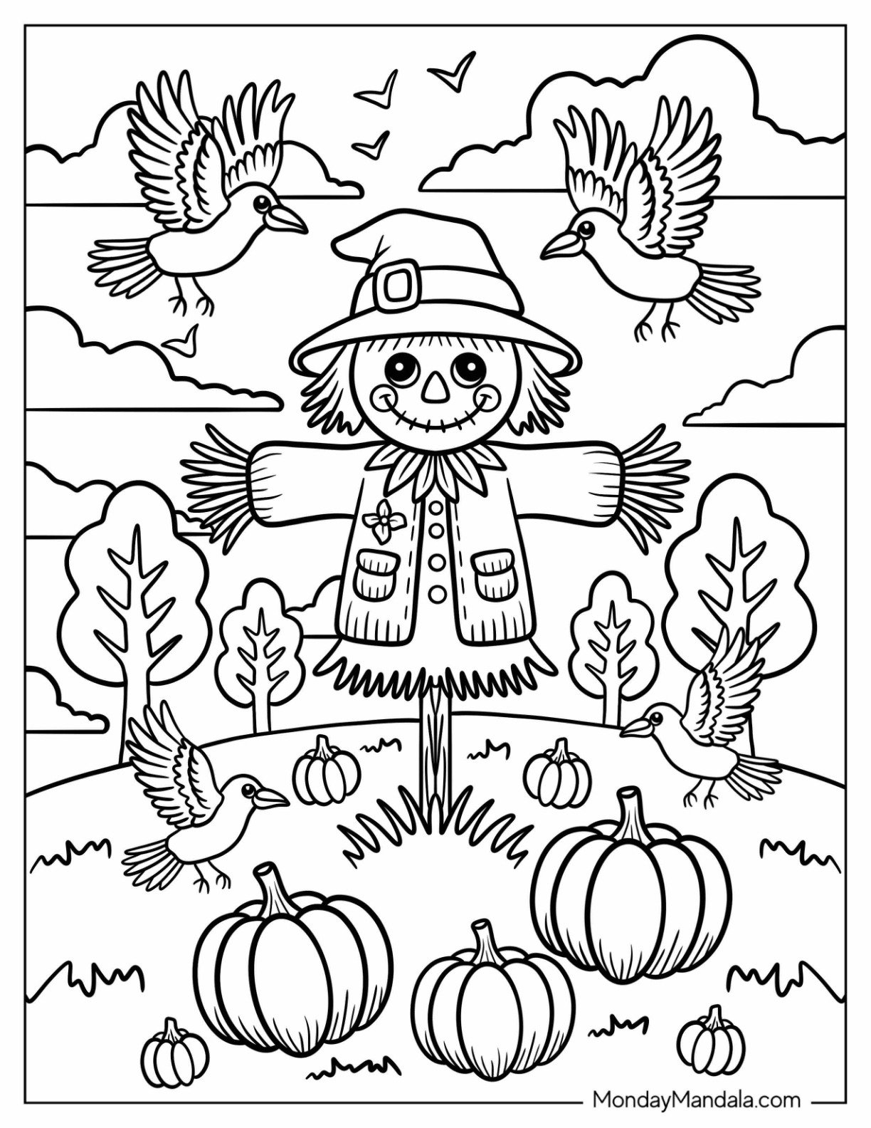 Scarecrow in a Pumpkin Patch with Birds Coloring Page for Kids