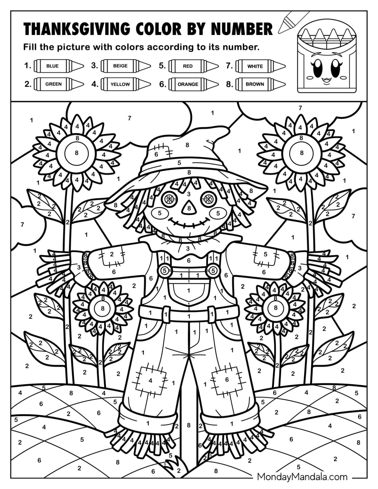 Scarecrow with Sunflowers Thanksgiving Color by Number