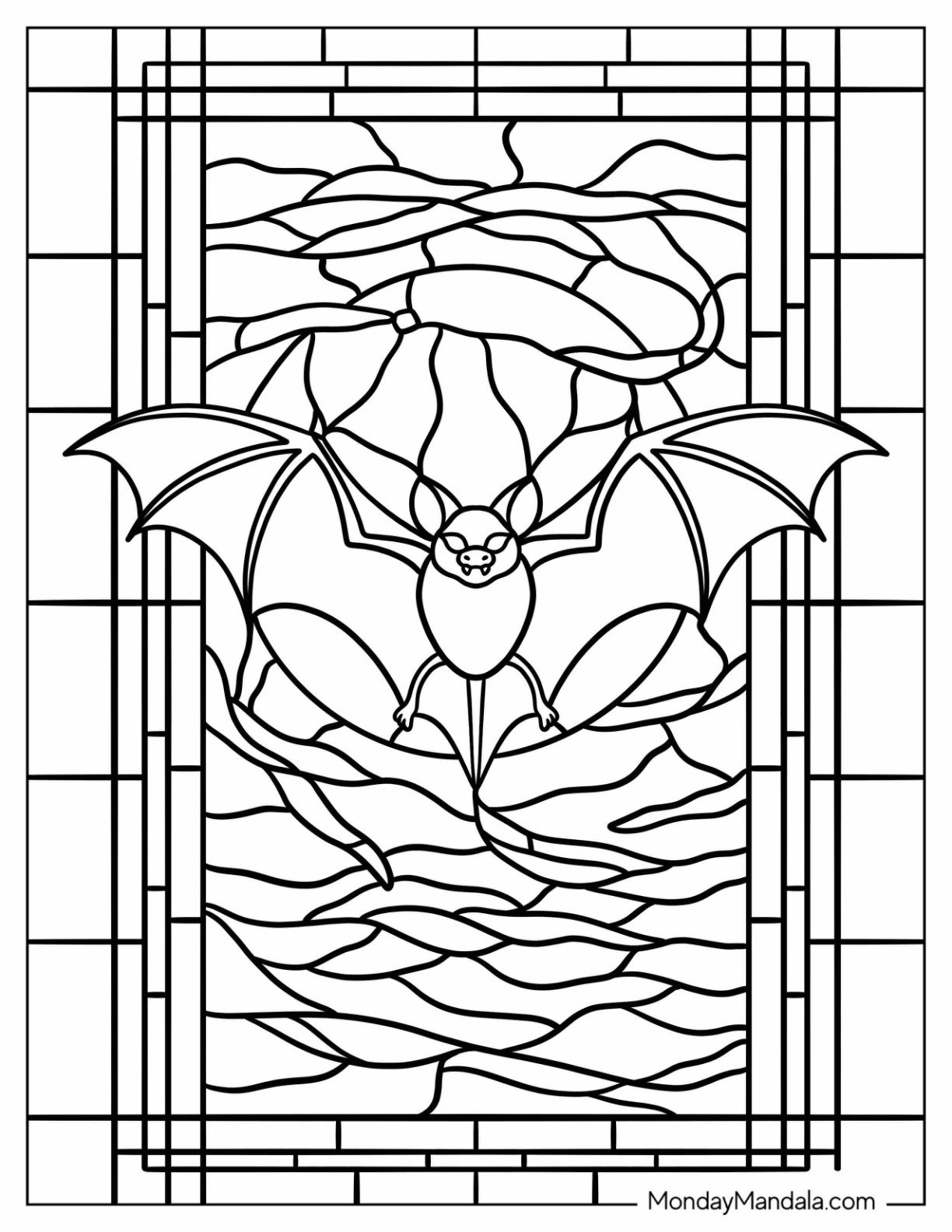 Scary Bat Coloring Page Flying in the Night Sky Stained Glass