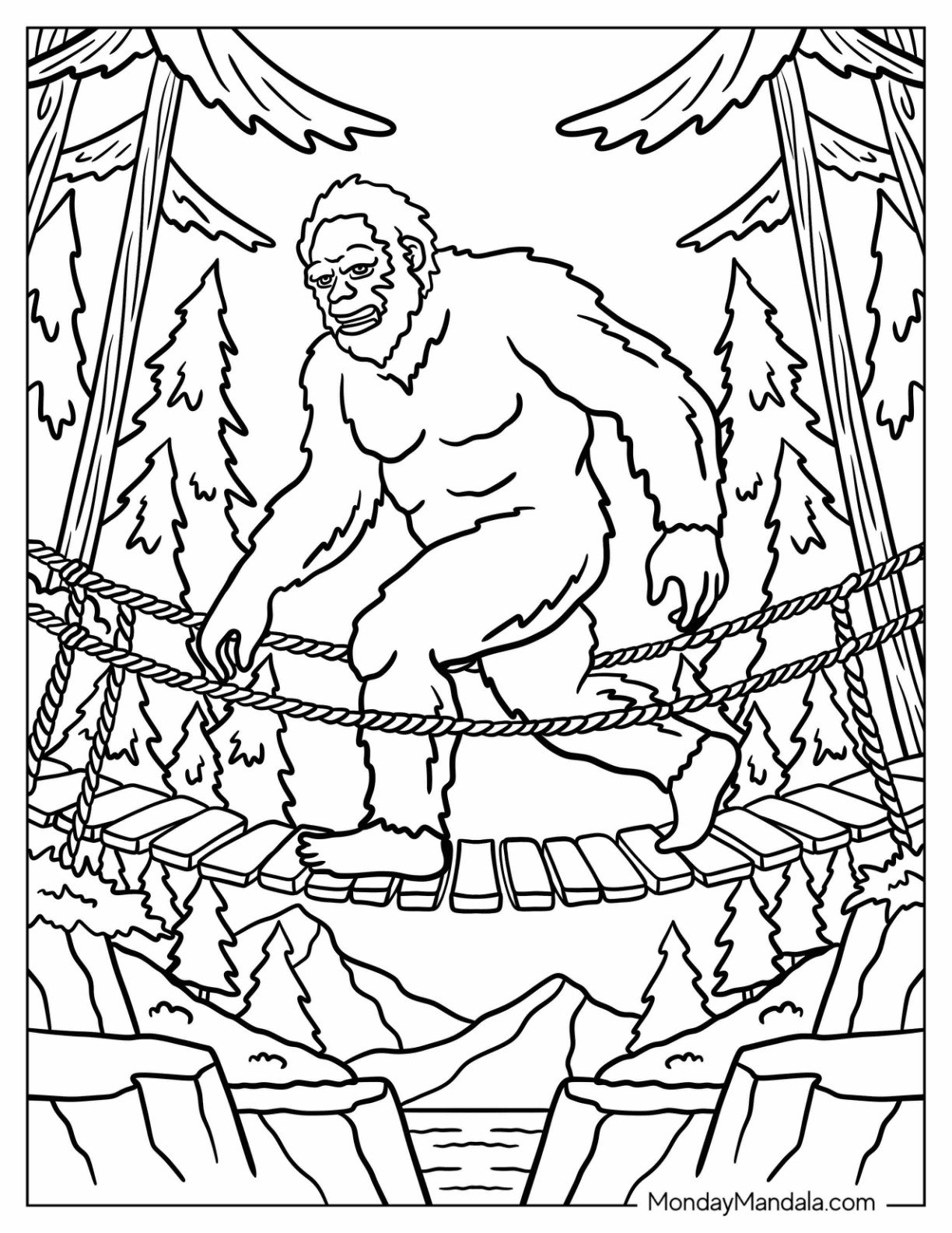 Bigfoot And Yeti Coloring Page of Scary Bigfoot Crossing a Bridge in a Jungle