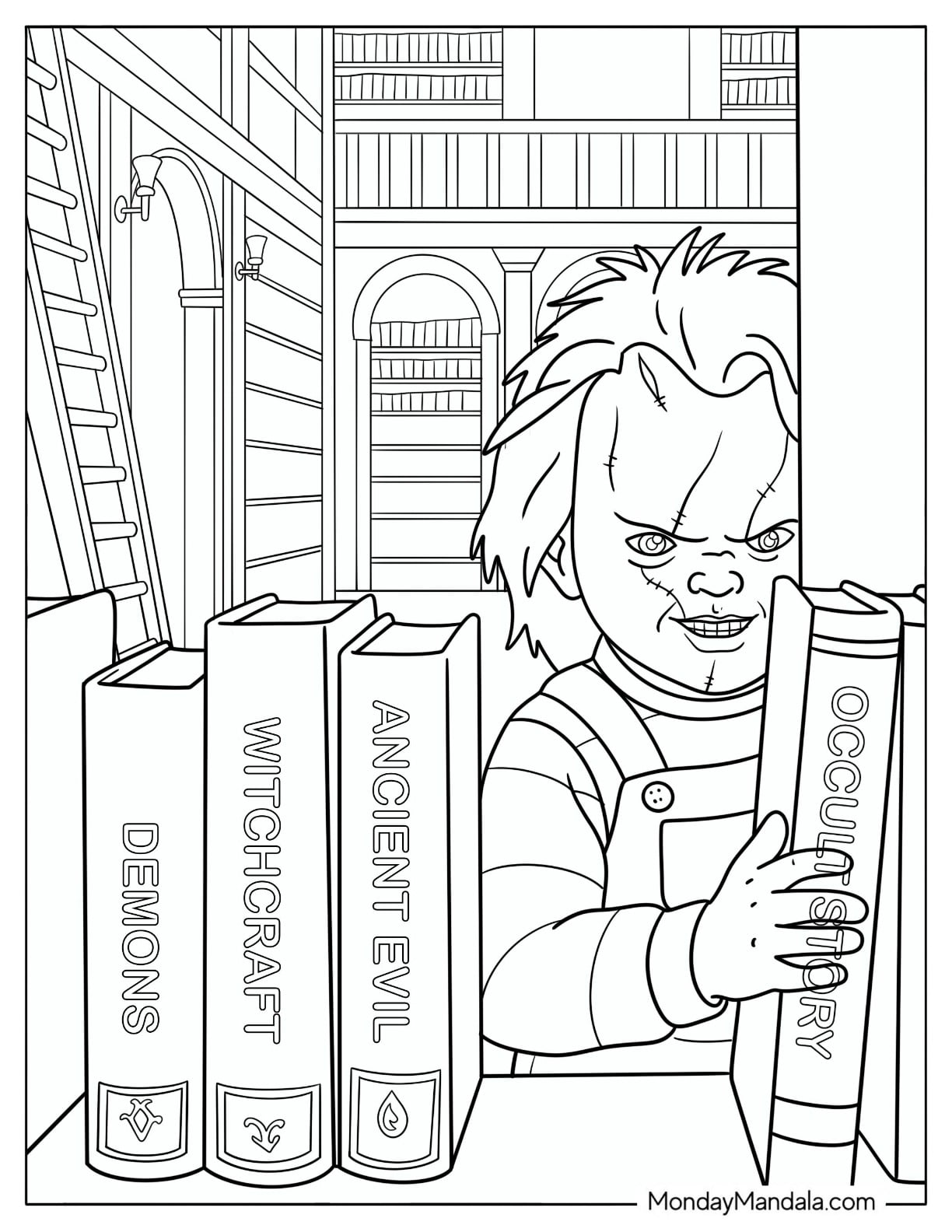 Scary Chucky Coloring Page in a Library