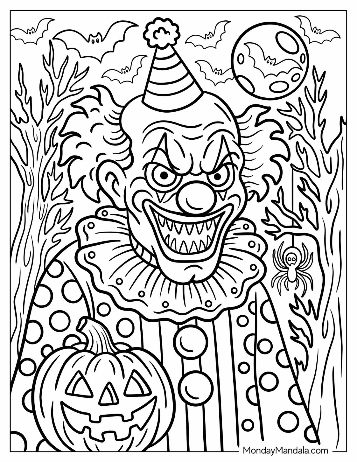 Scary Clown Coloring Page With Small Birthday Hat In Halloween
