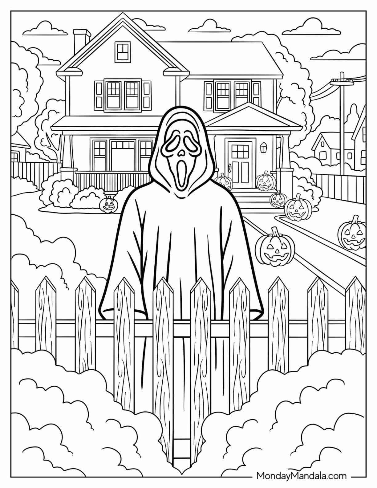 Scary Ghost Face Standing Behind a Fence Coloring Page