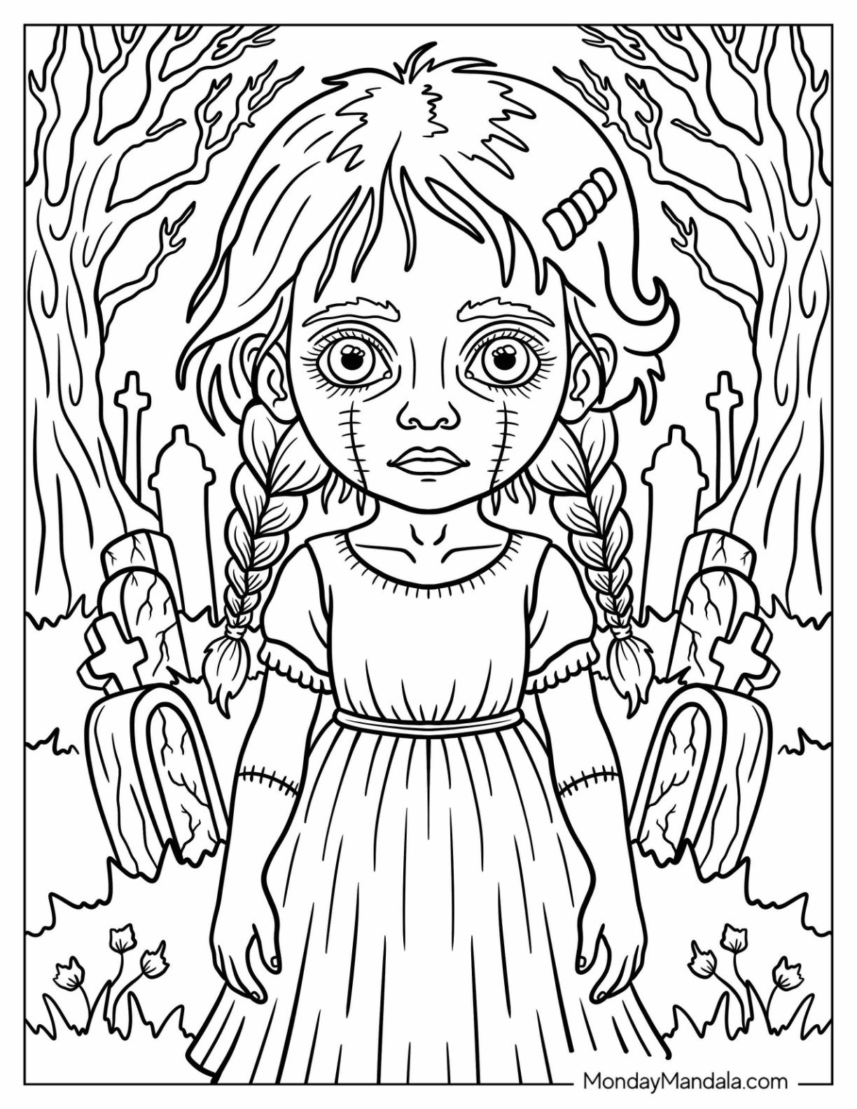 Scary Girl Frankenstein Coloring Page in a Graveyard