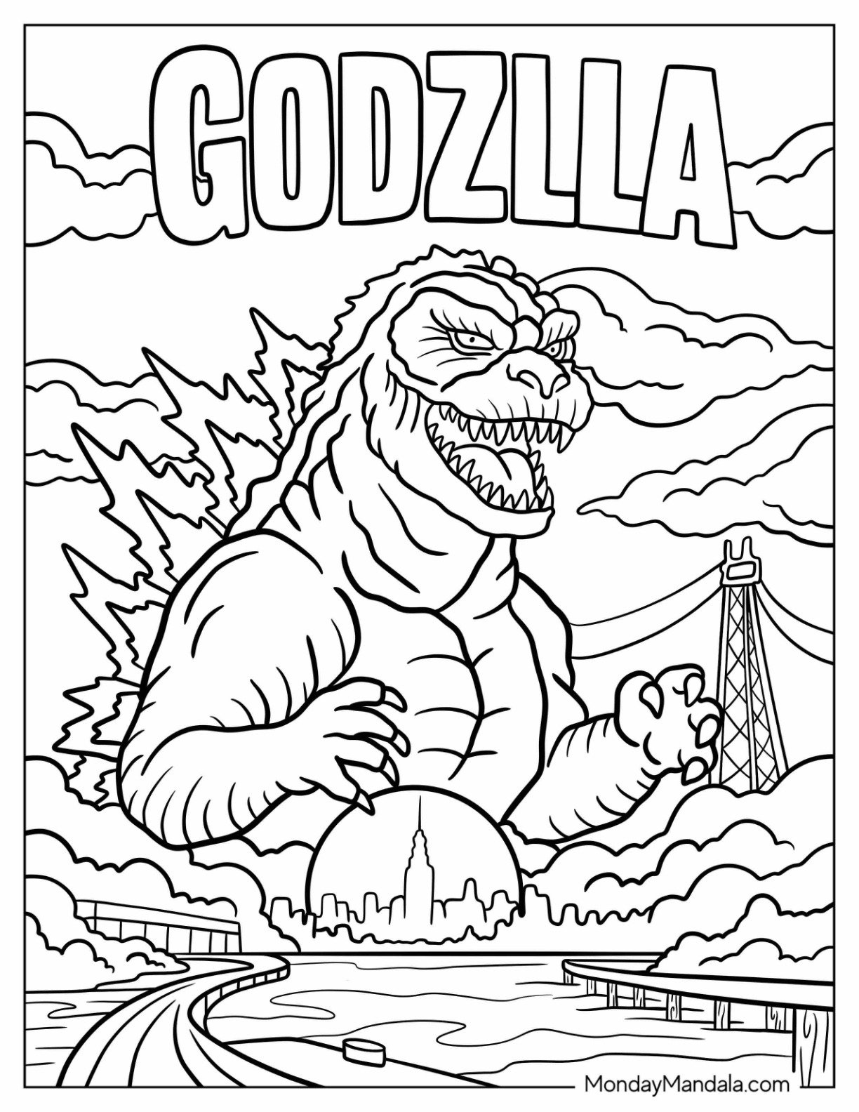 Scary Godzilla Coloring Page Guarding The City With A Menacing Grin