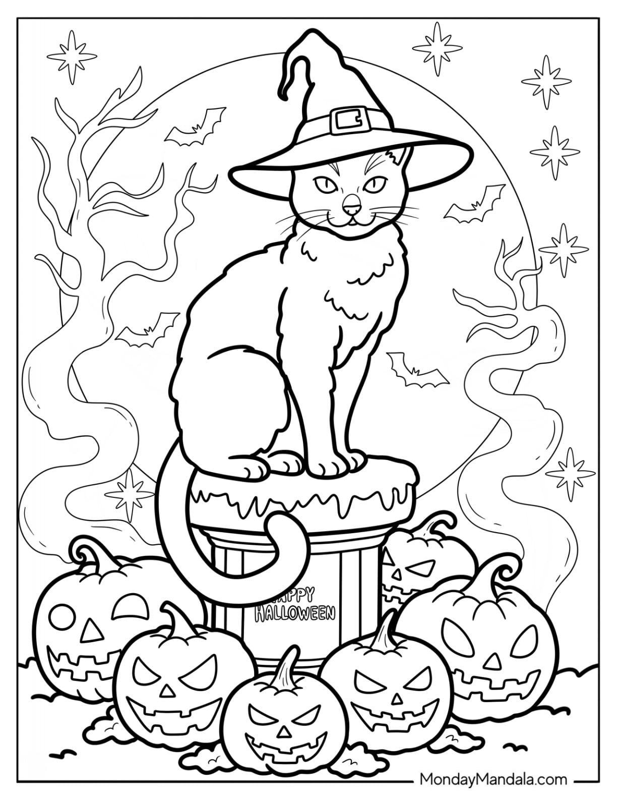 Scary Halloween Cat Coloring Page Surrounded by Jack o Lanterns and Bats