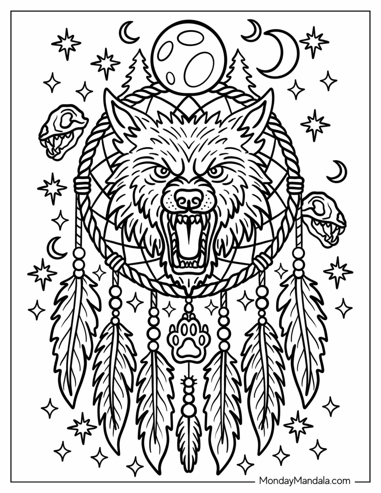 Scary Werewolf Coloring Page Dreamcatcher with Moon and Stars