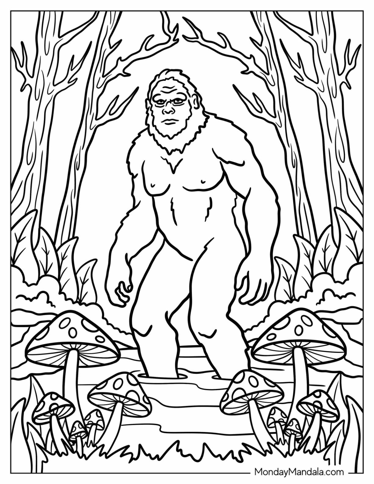 Bigfoot And Yeti Coloring Page of Scary Yeti Crossing a Pond with Mushrooms for Kids