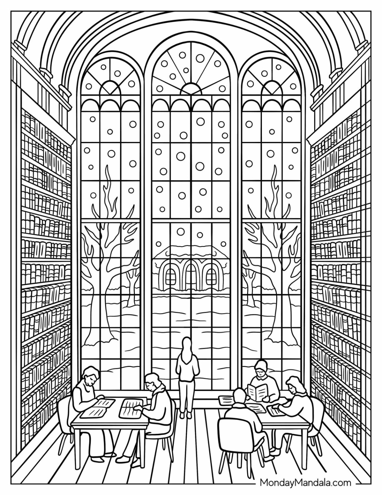 Scenic Library Coloring Page Reading Nook with Large Windows and Winter Trees Outside
