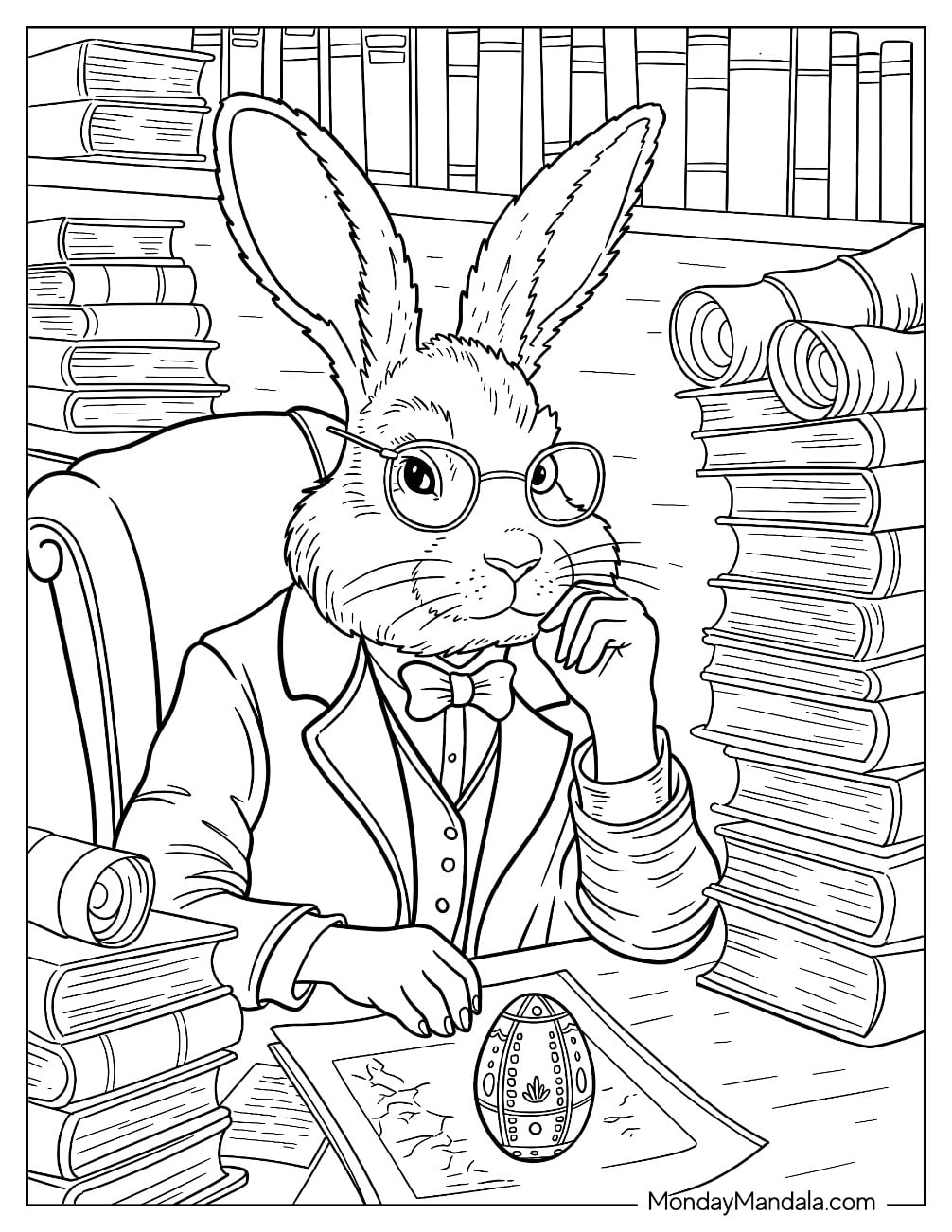 Easter For Adults Coloring Page of Scholarly Easter Bunny in a Library