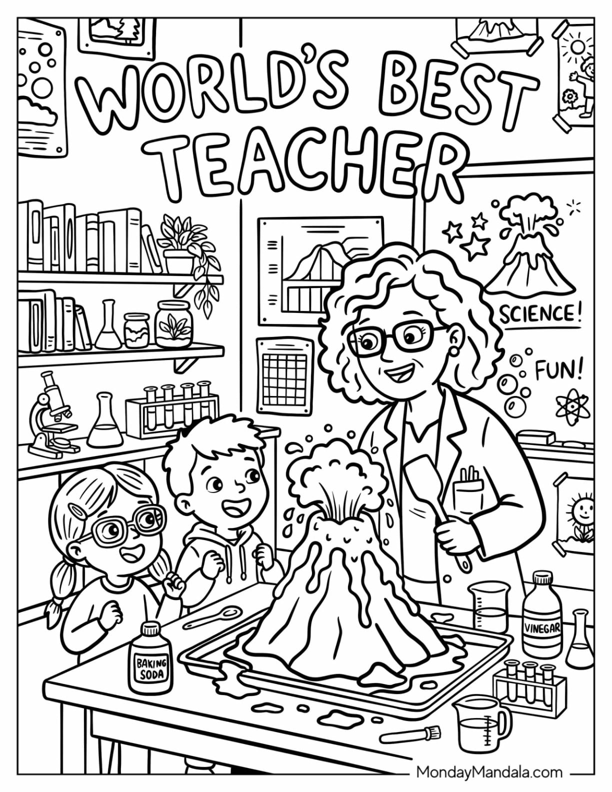 Science Teacher Coloring Page Presenting an Erupting Volcano to Her Students