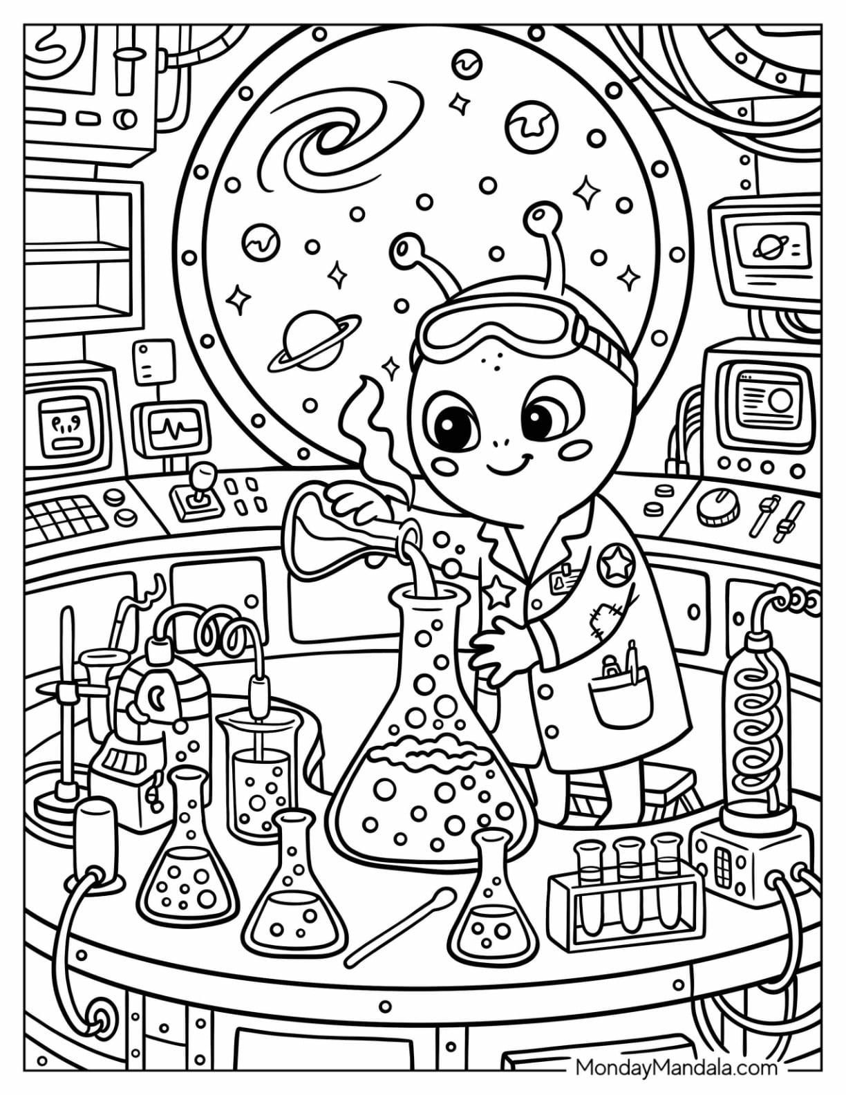 Scientist Alien Working in a Laboratory in Space Coloring Page for Kids