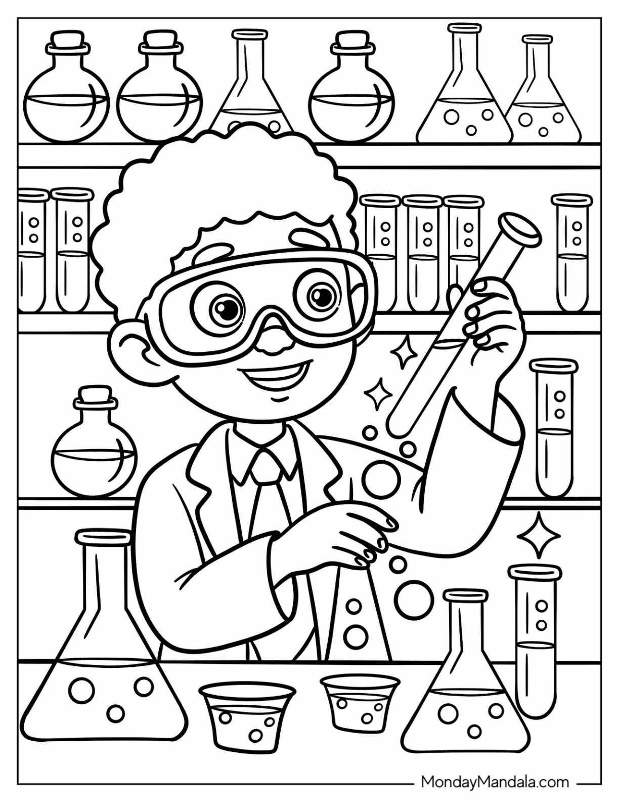 Scientist Black Girl & Boy Coloring Page Doing Experiments in a Laboratory