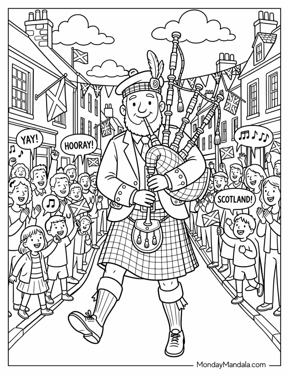 Scottish Bagpiper Performing at a Street Festival Coloring Page
