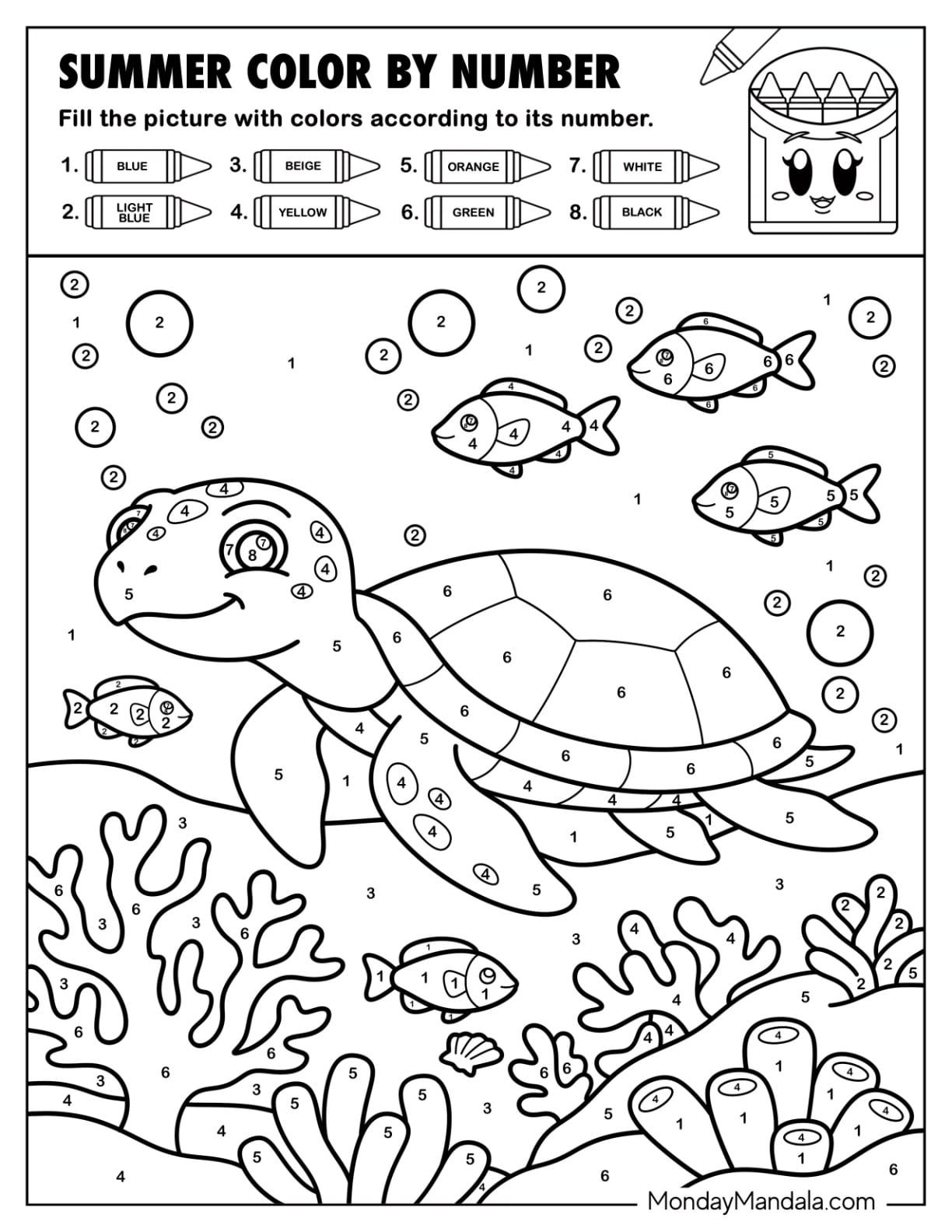 Sea Turtle Swimming with Fish Summer Color by Number