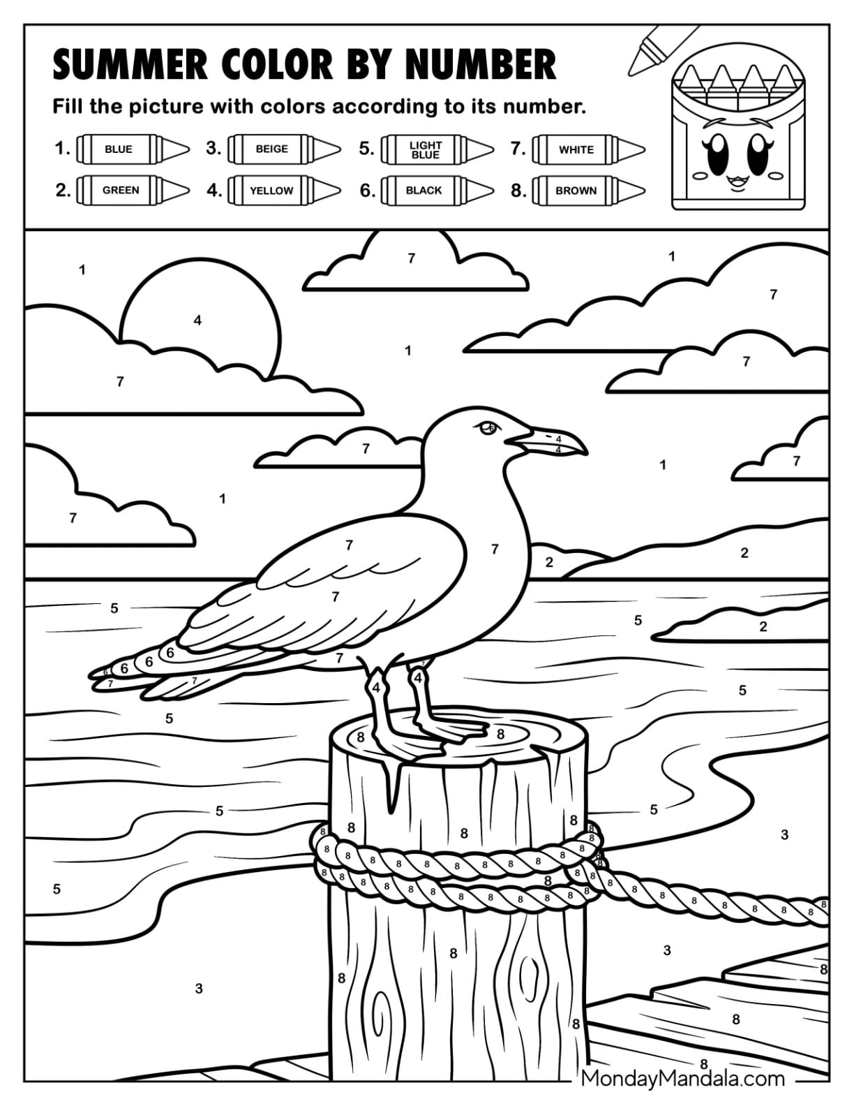 Seagull Standing on a Dock Summer Color by Number