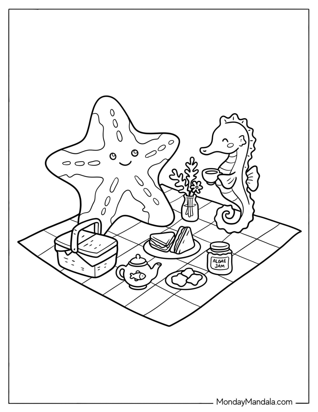 Seahorse and Starfish Having a Picnic Coloring Page
