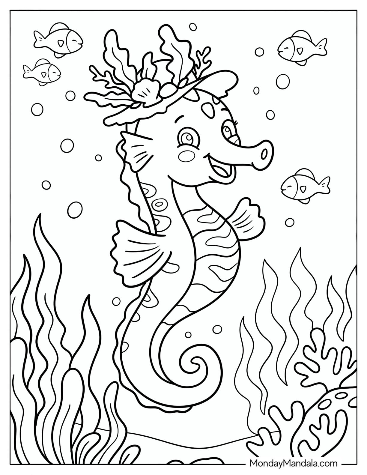Seahorse with Coral Hat Coloring Page