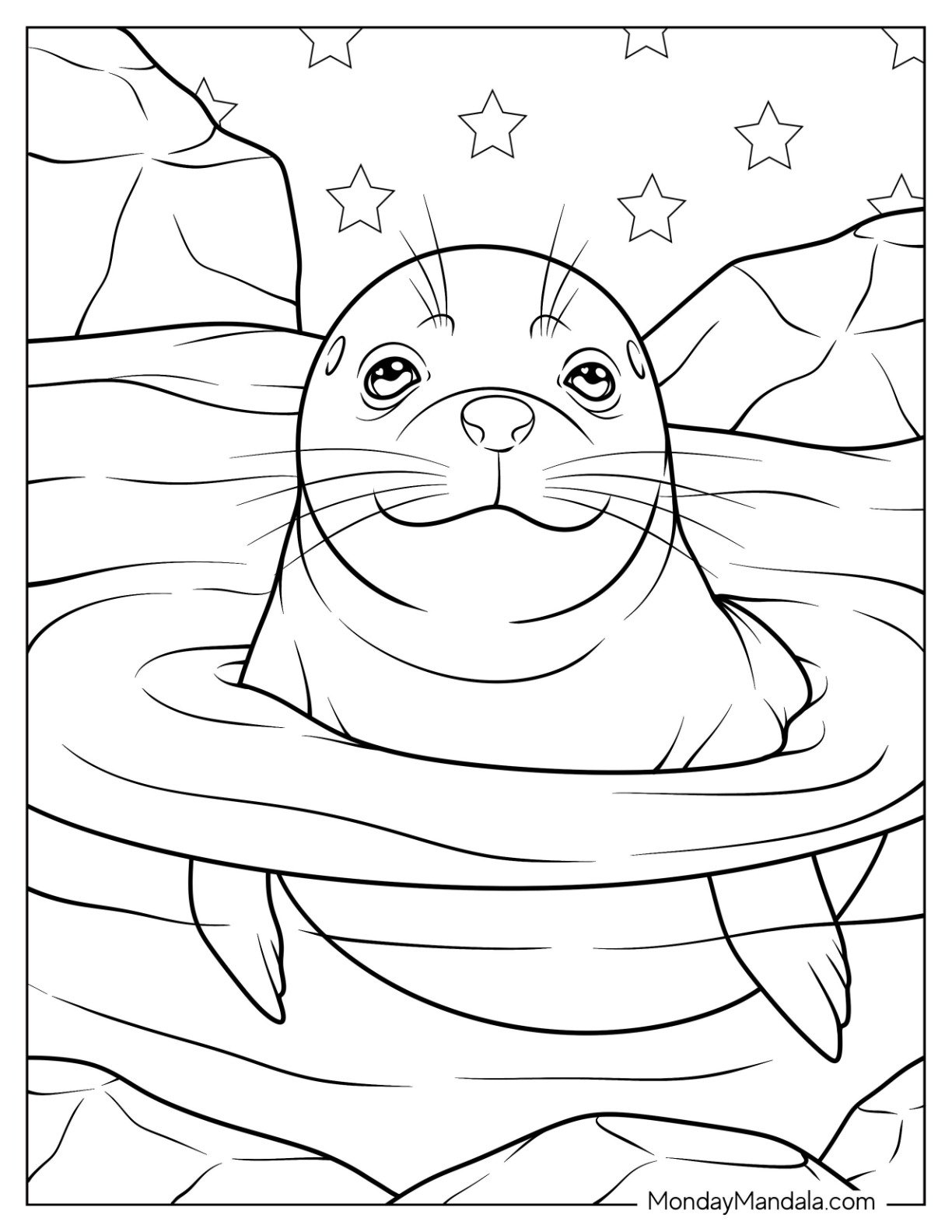 Seal Coloring Page Surfacing from the Water on a Starry Night for Kids