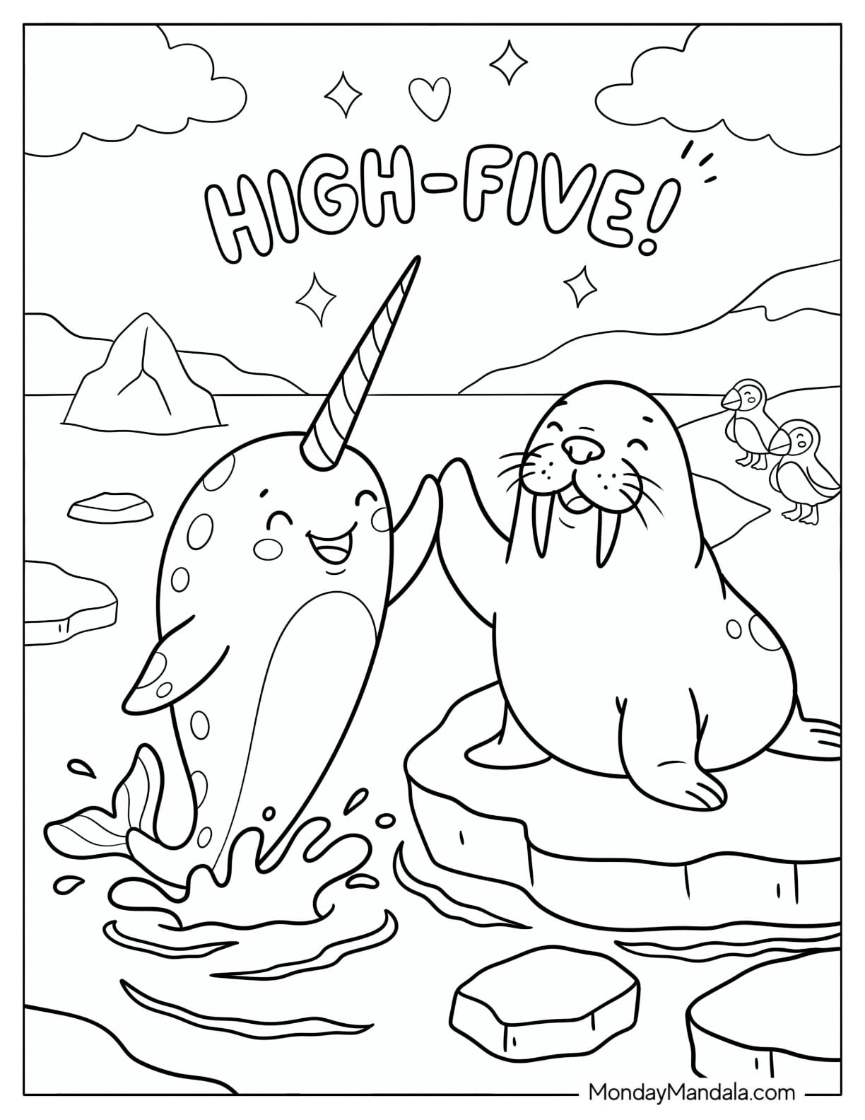 Seal giving Narwhal a High Five in the Arctic Coloring Page
