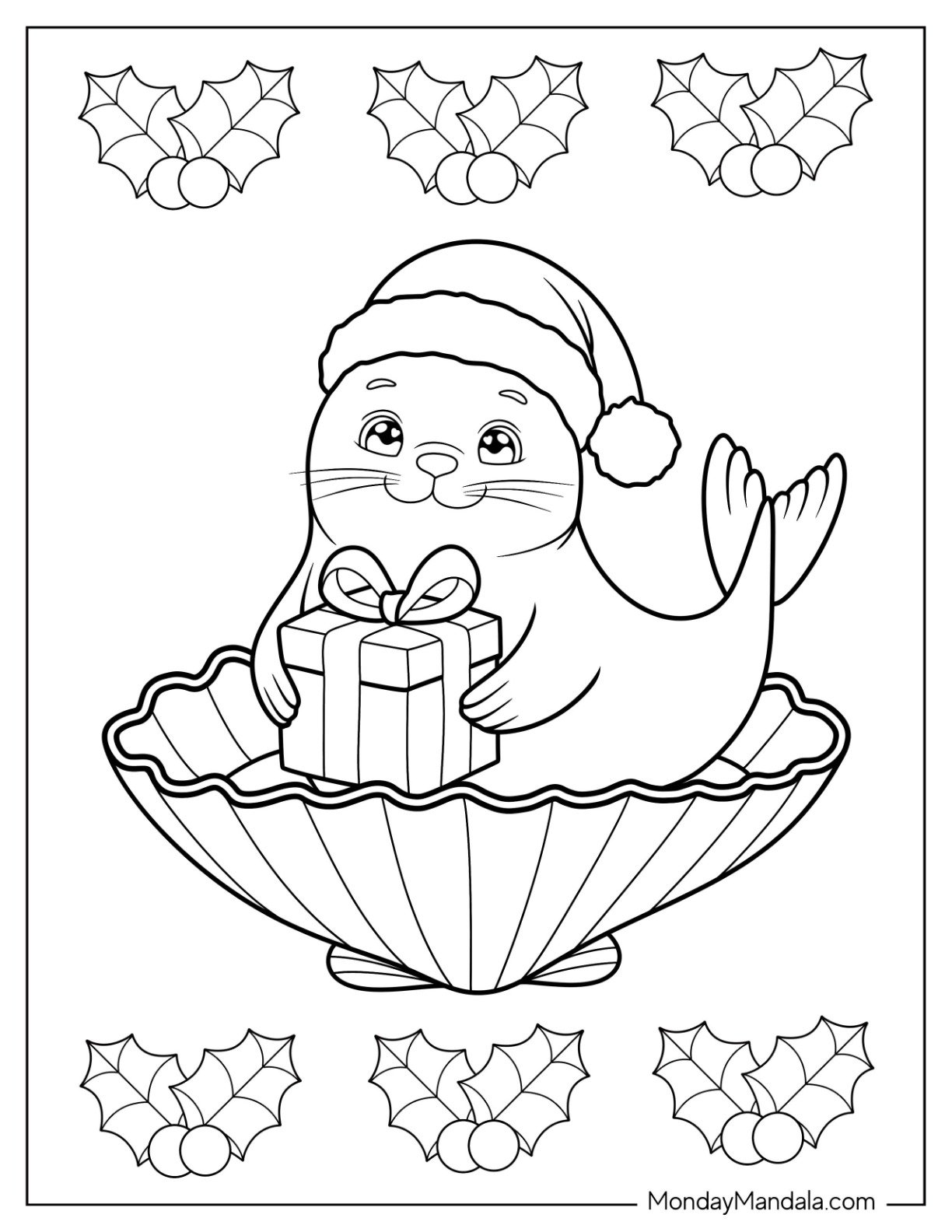 Seal Coloring Page in a Santa Hat Holding a Christmas Present