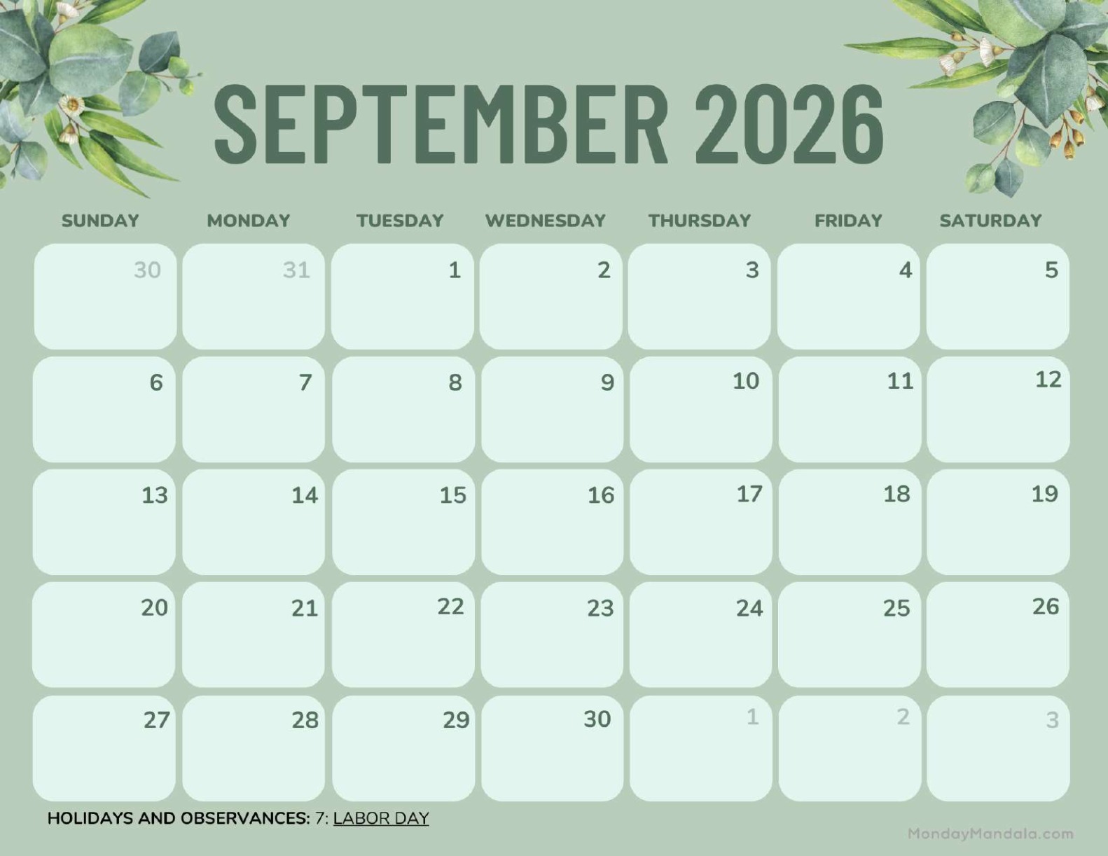 September 2025 Calendar Printable Green Landscape v2
