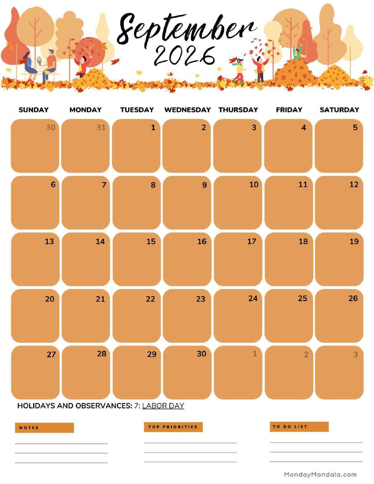 September 2026 Calendar Printable Autumn Portrait v2