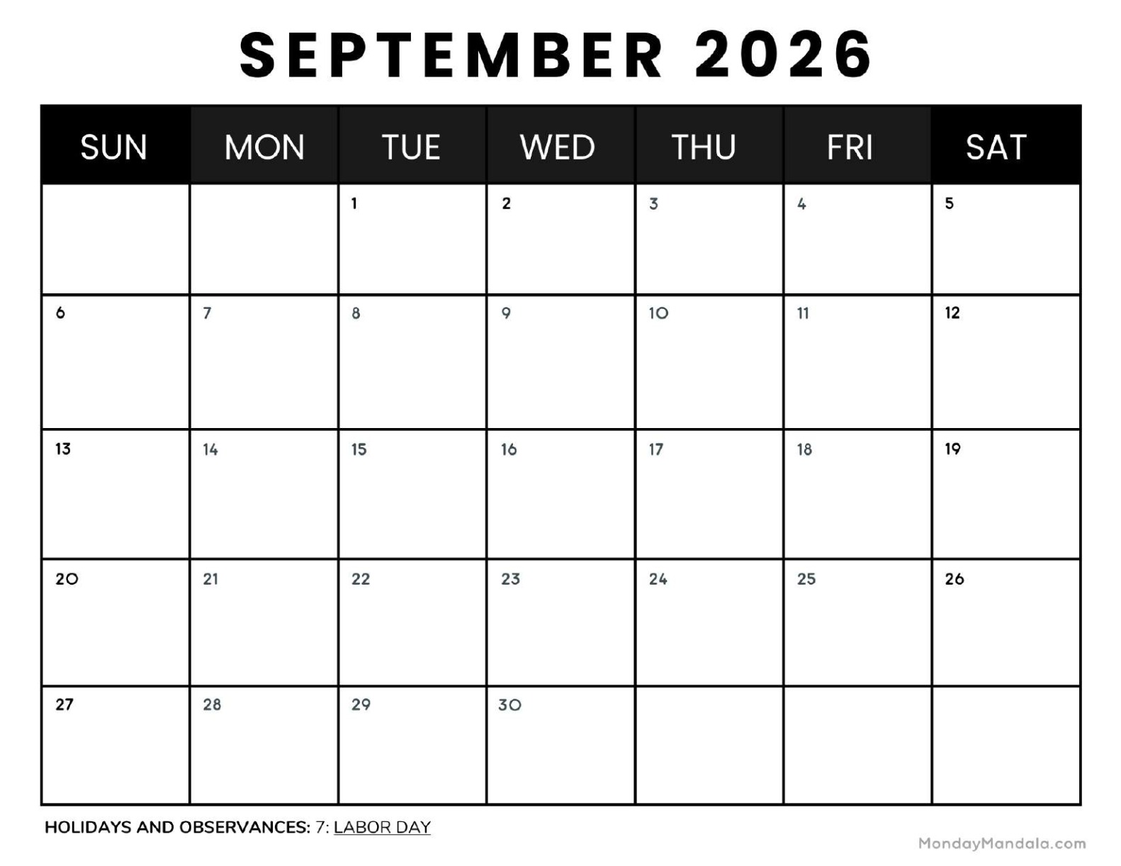 September 2026 Calendar Printable Business 4 Landscape v2