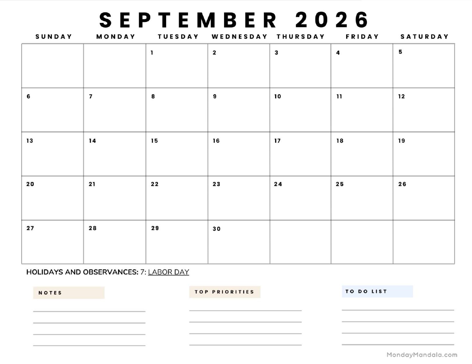 September 2026 Calendar Printable Business 5 Landscape v2