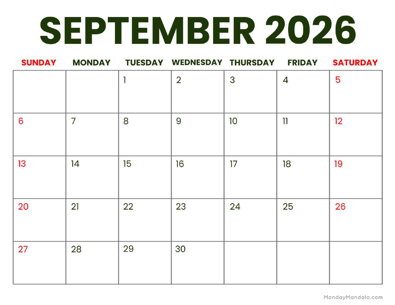September 2026 Calendar Printable Business Landscape v2