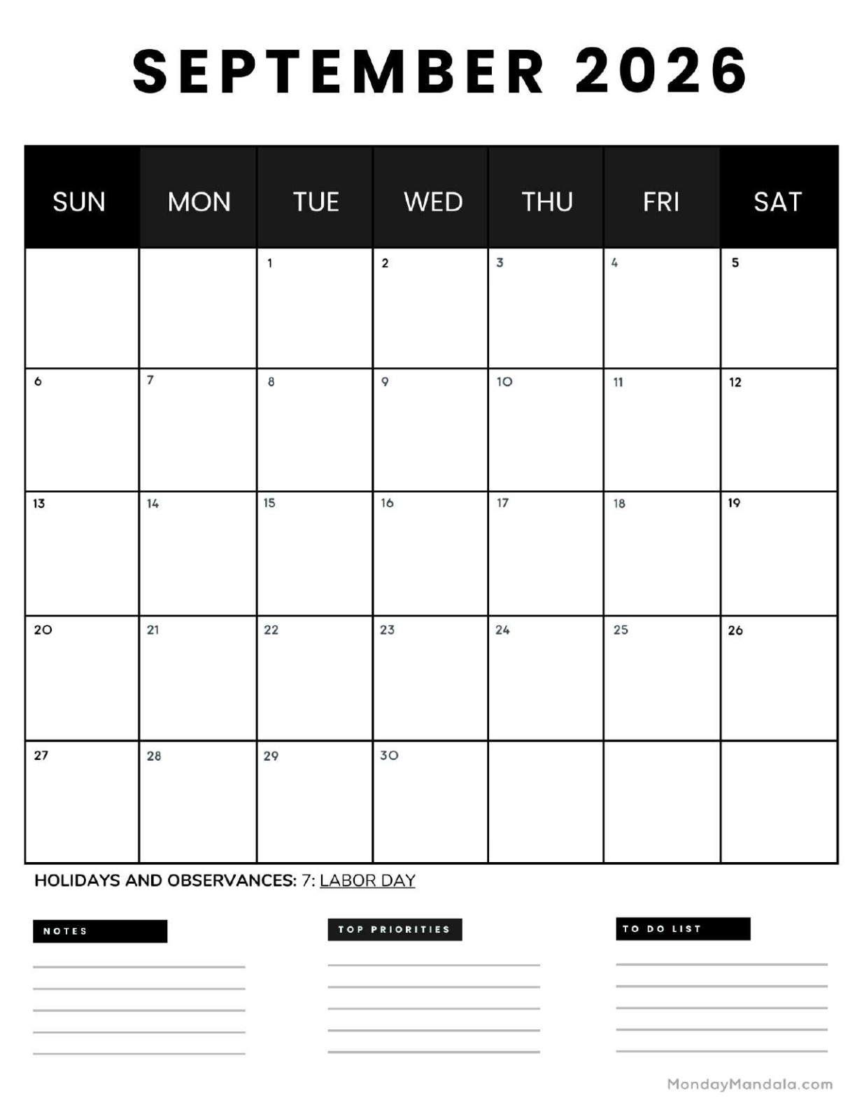 September 2026 Calendar Printable Business4 Portrait v2