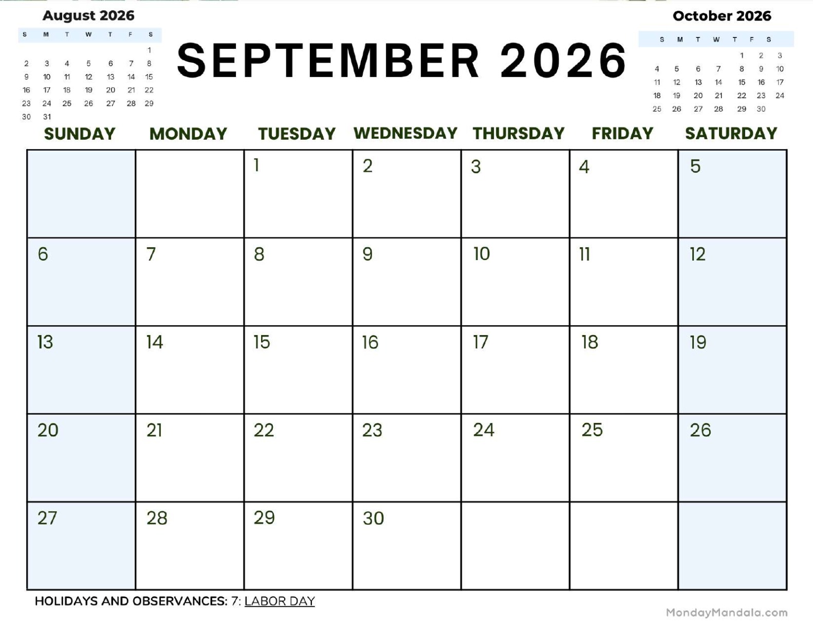 September 2026 Calendar Printable Corporate 2 Landscape v2