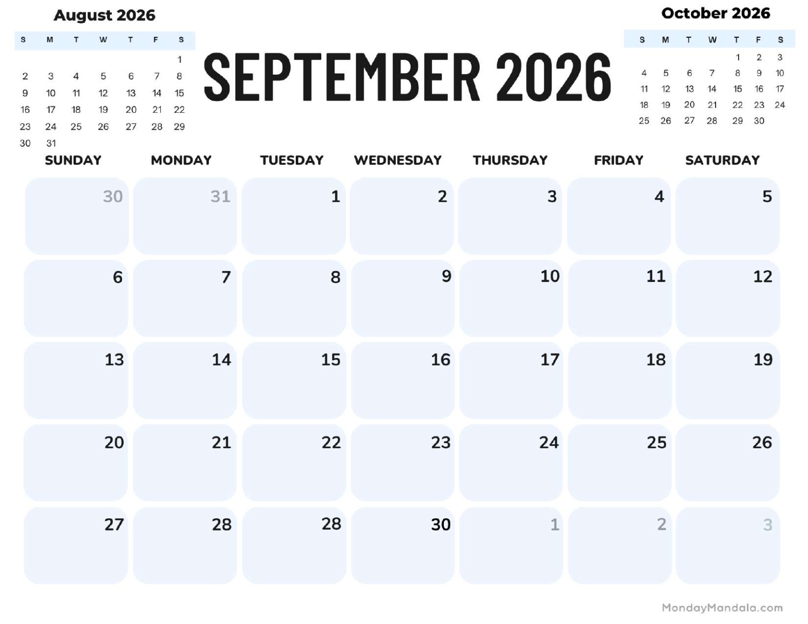September 2026 Calendar Printable Corporate Landscape v2
