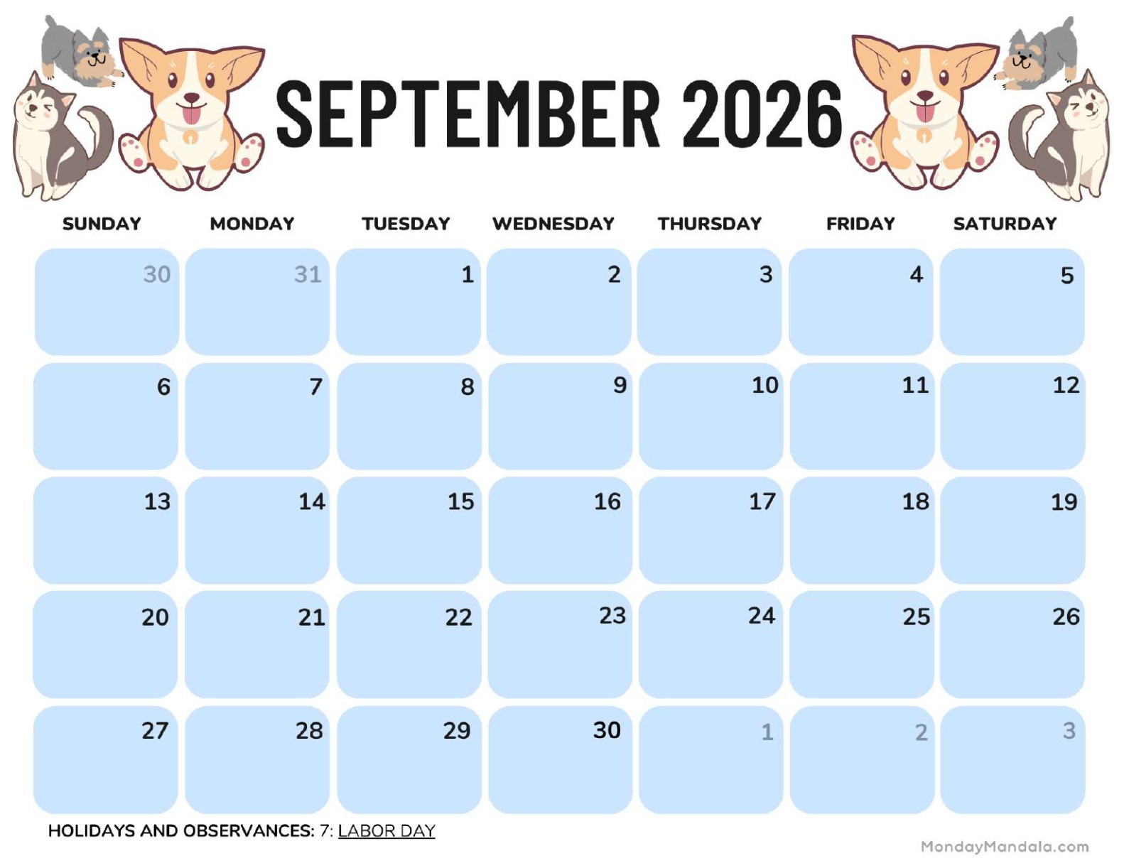 September 2026 Calendar Printable Dogs Landscape v2