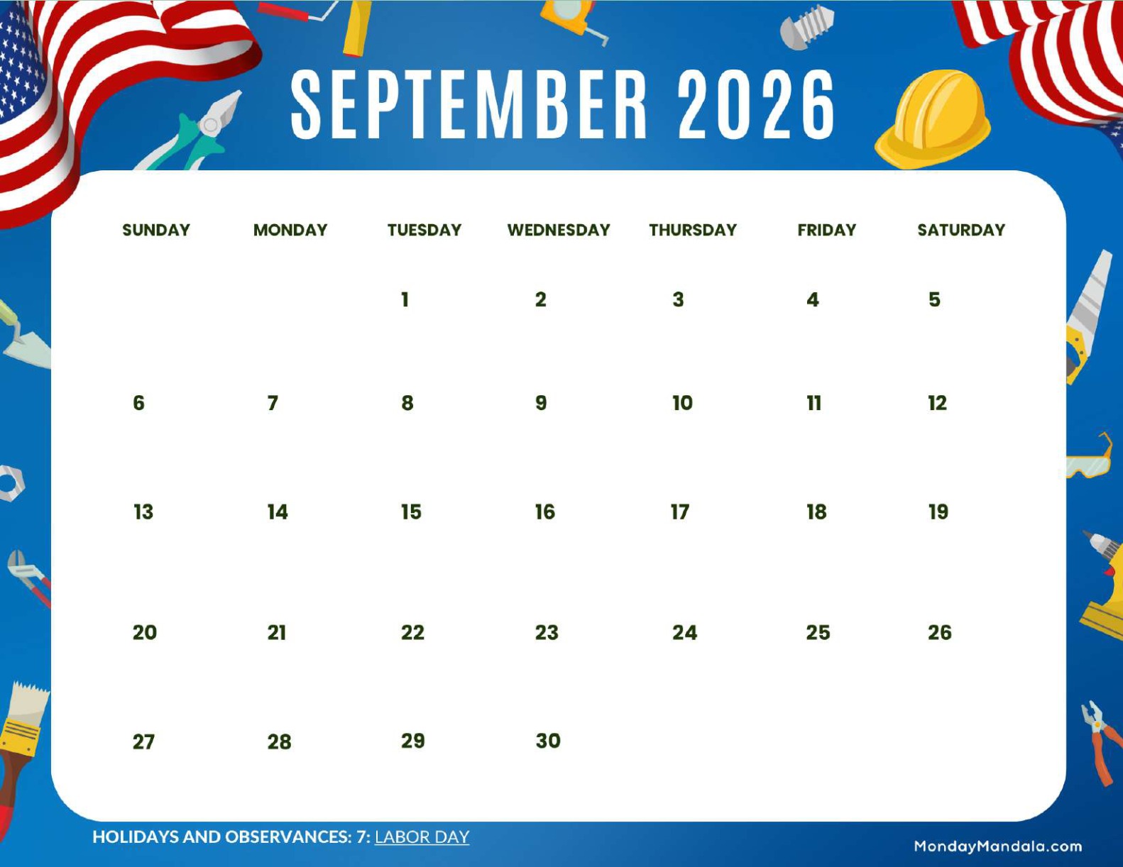 September 2026 Calendar Printable Labor Day 2 Landscape v2