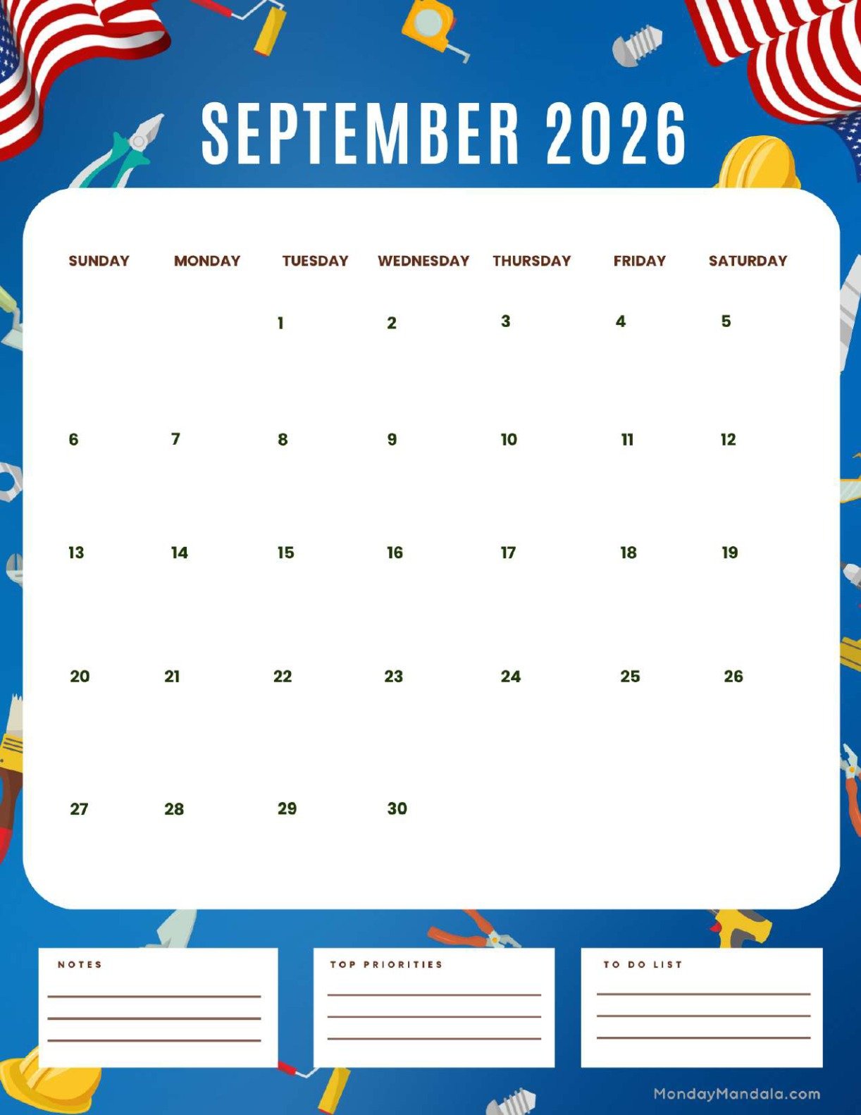 September 2026 Calendar Printable Labor Day 2 Portrait v2