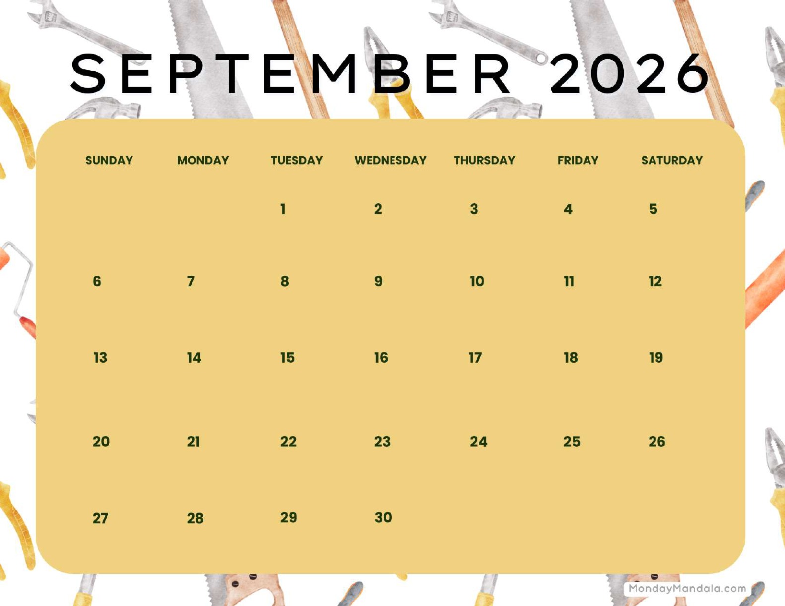 September 2026 Calendar Printable Labor Day Landscape v2