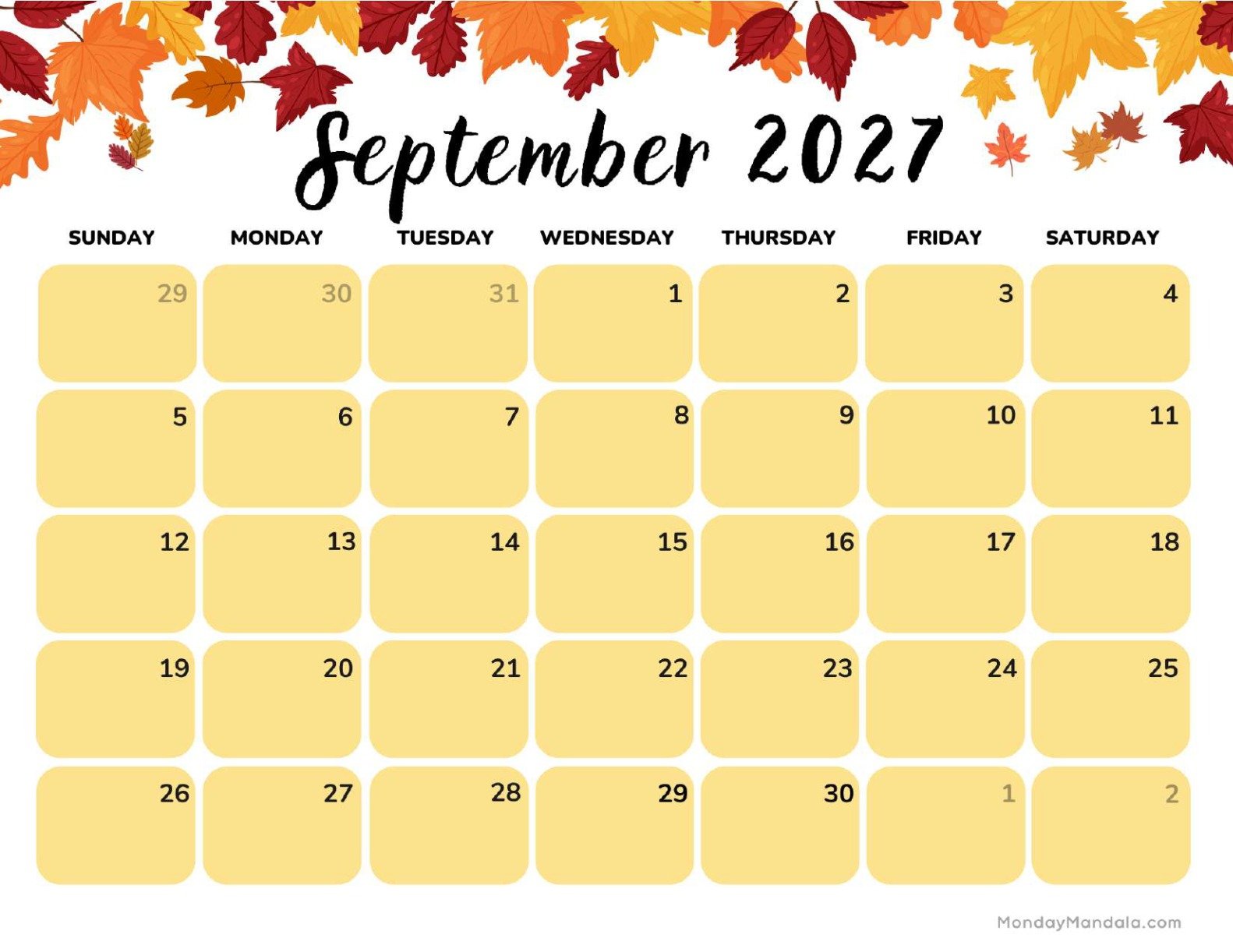 September 2027 Calendar Printable Autumn Leaves Landscape