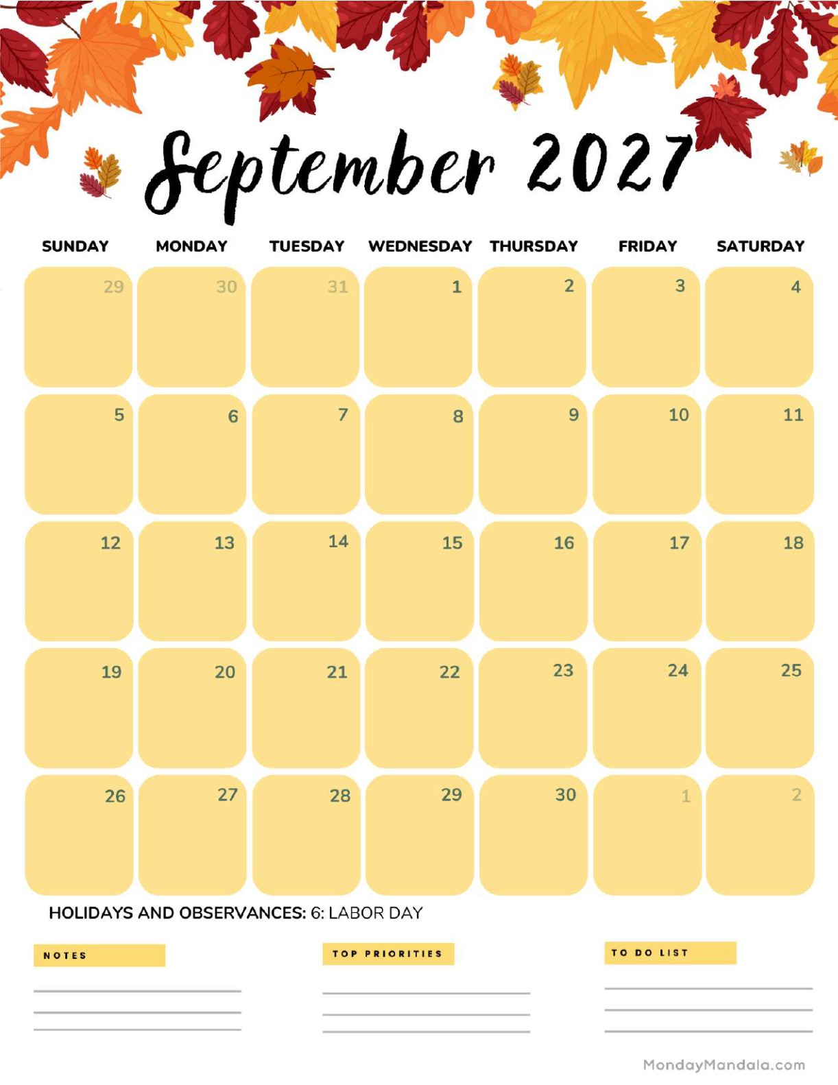 September 2027 Calendar Printable Autumn Leaves Portrait