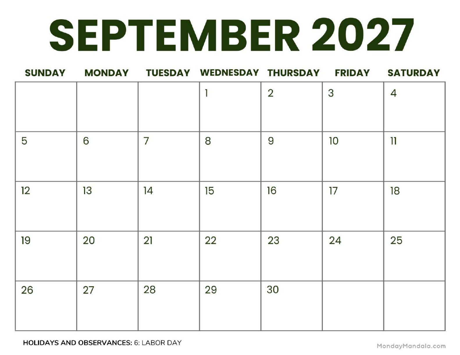 September 2027 Calendar Printable Business 2 Landscape