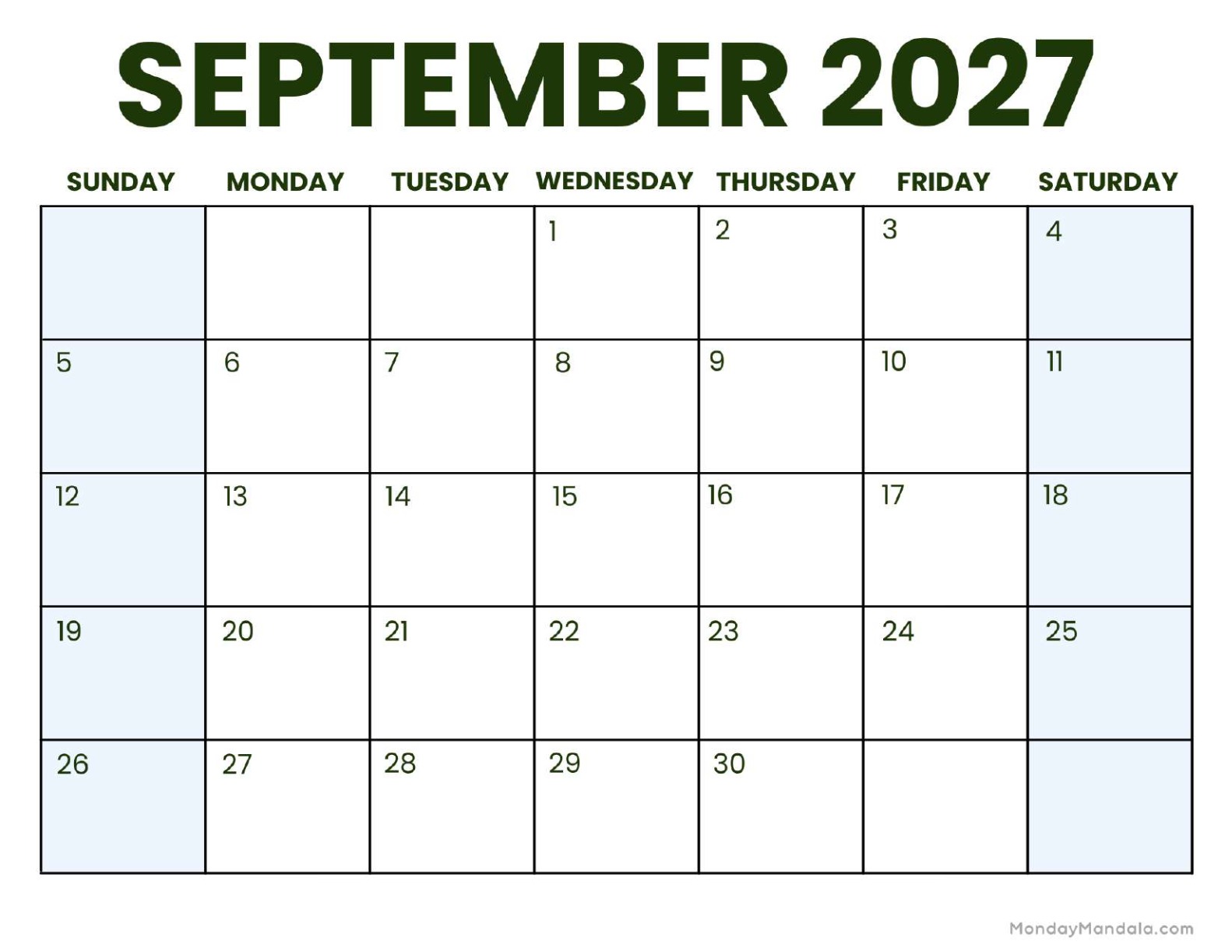 September 2027 Calendar Printable Business 3 Landscape