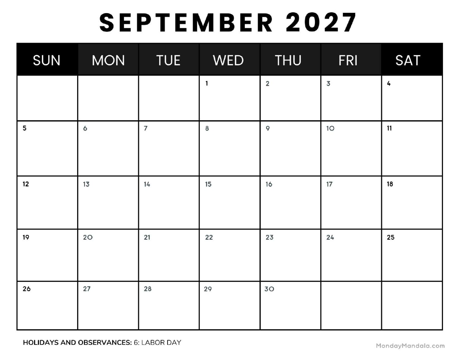 September 2027 Calendar Printable Business 4 Landscape