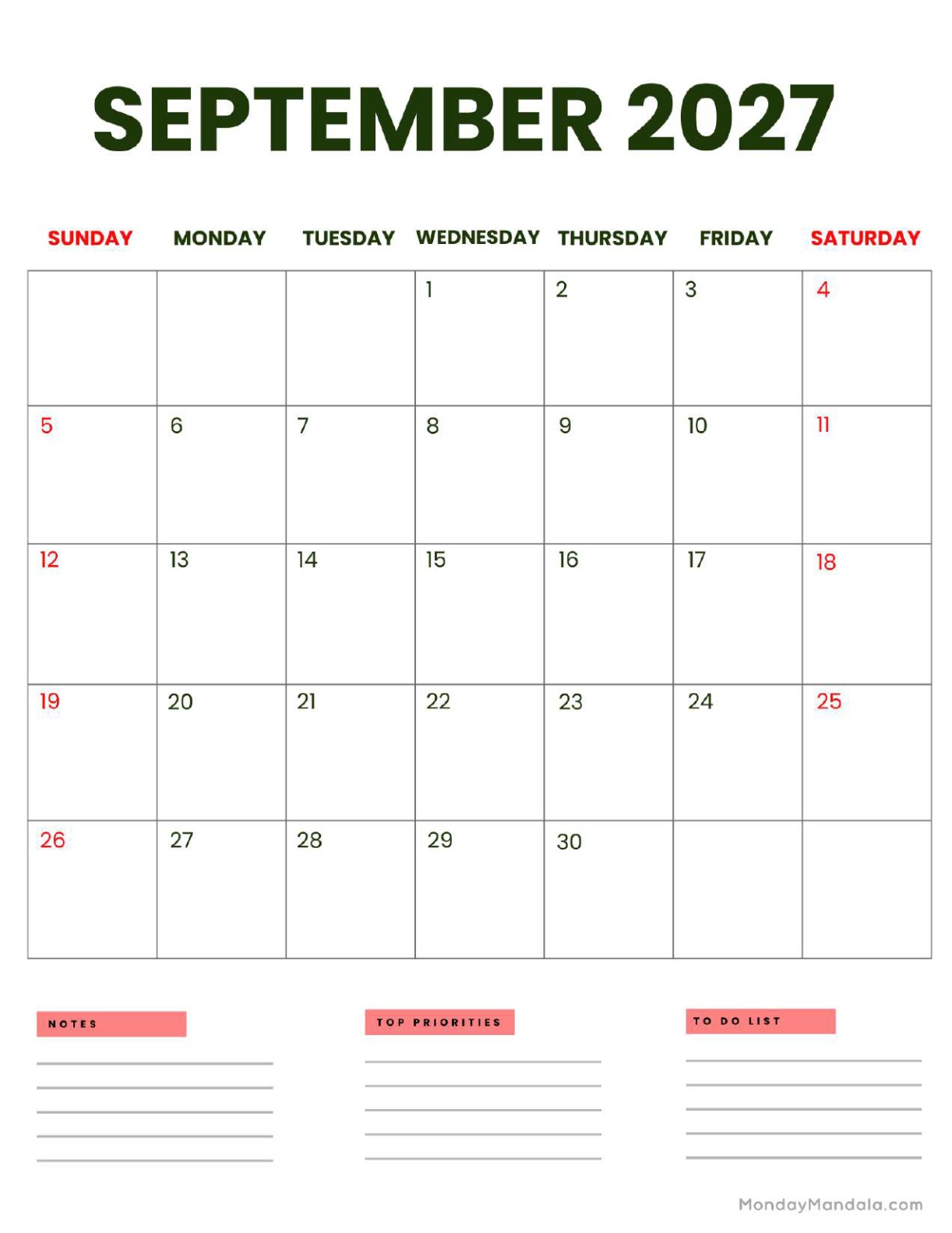 September 2027 Calendar Printable Business Portrait