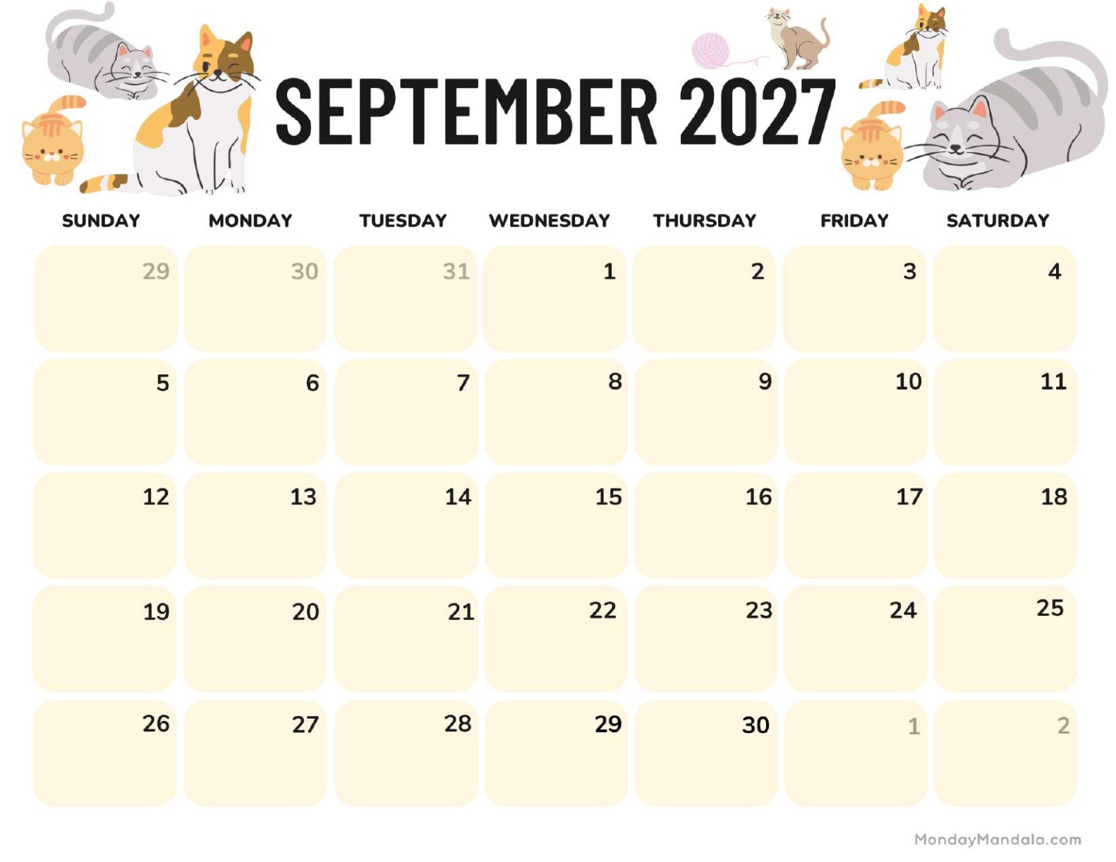 September 2027 Calendar Printable Cats Landscape