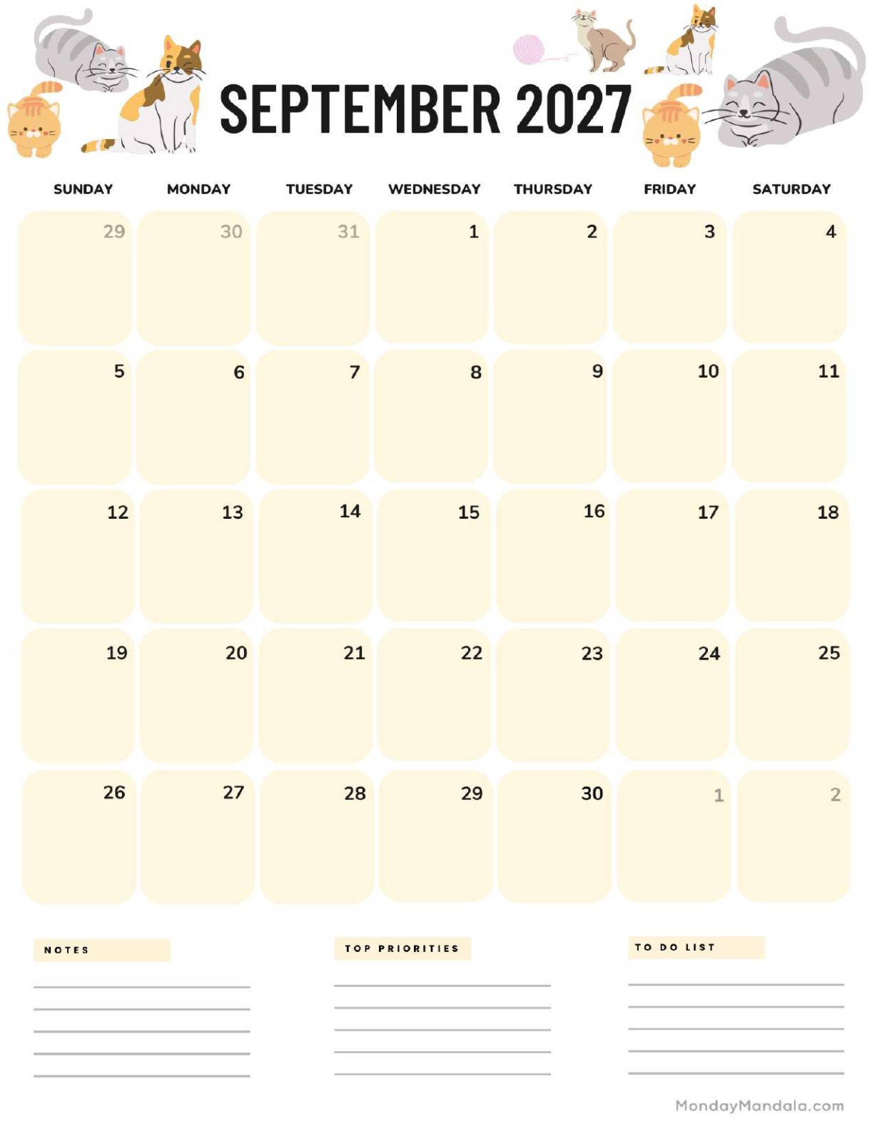 September 2027 Calendar Printable Cats Portrait