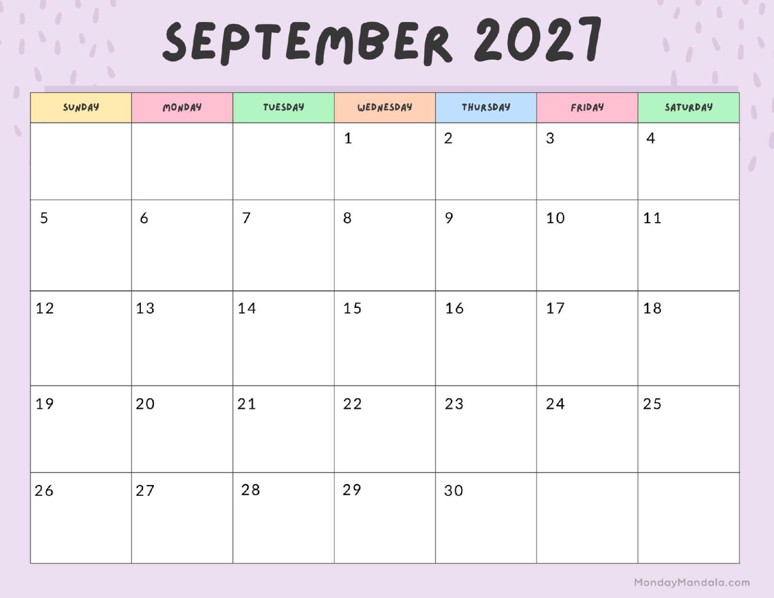 September 2027 Calendar Printable Colorful Landscape